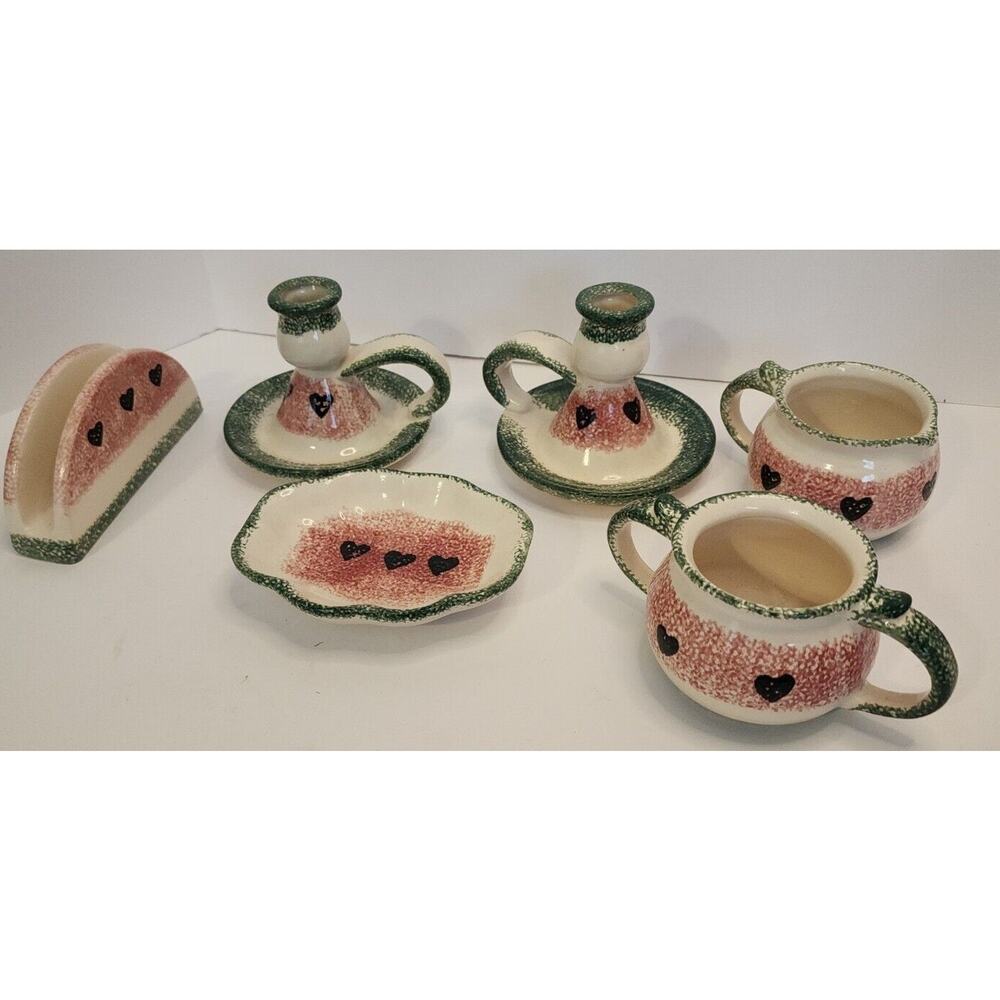 Vtg Loomco China Stoneware Six Piece watermelon sponge art pink green Serving